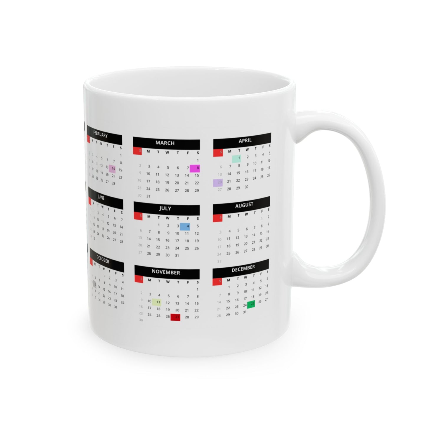 Calendar Mug – Custom Printed Coffee Cup with 2025 Monthly Calendar Design – Unique Gift for Any Occasion