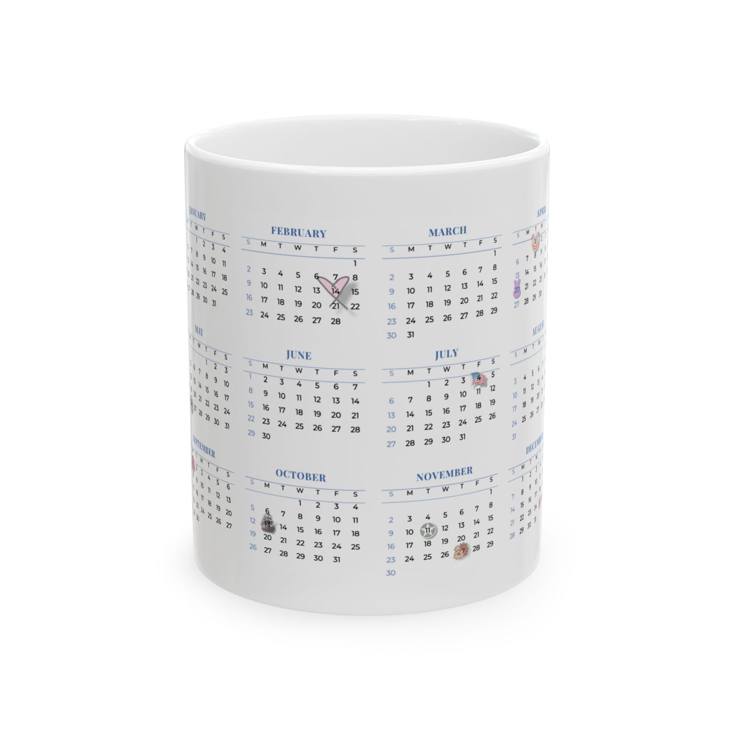 Calendar Mug – Custom Printed Coffee Cup with 2025 Monthly Calendar Design – Unique Gift for Any Occasion